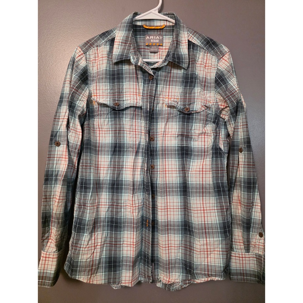 Ariat Rebar Mens Plaid Long Sleeve Work Shirt Blue Orange Button Down Medium
